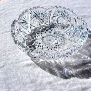 Vintage German Etched Crystal Dish with Hobstar pattern and Sawtooth edge